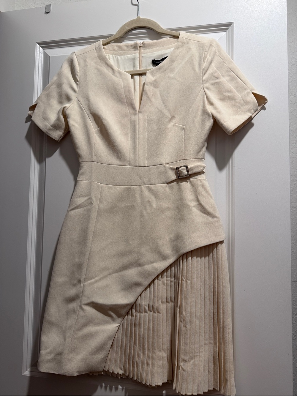 Karen Millen Cream Asymmetrical Pleated Belted Dress fits like a US size 0